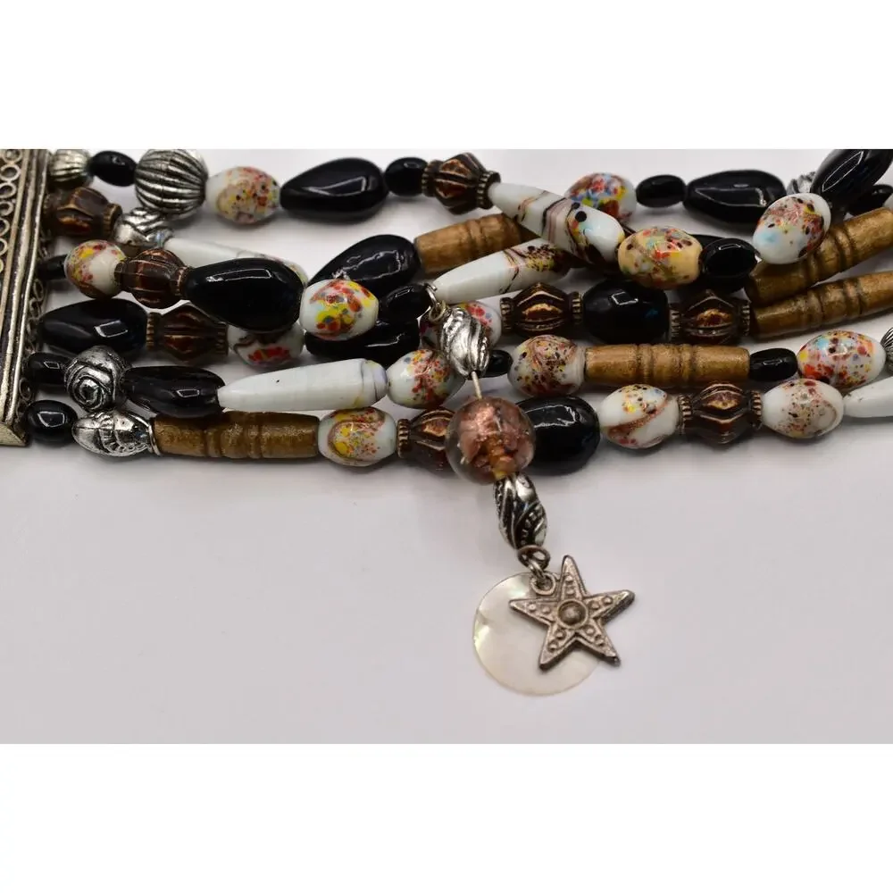 Vintage Multi-Strand Black White Glass Beaded Charm Belt 37” Boho Artisan Coast